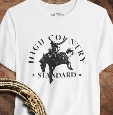White Buck bronc rider Western graphic T-shirt by High Country Standard