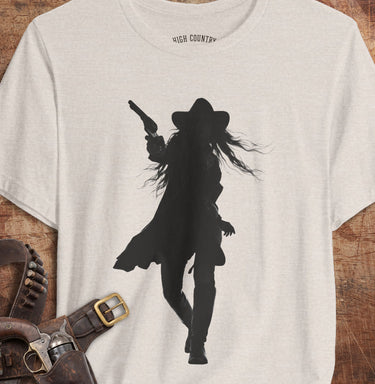 Heather Dust Draw quick-draw cowgirl Western graphic T-shirt by High Country Standard