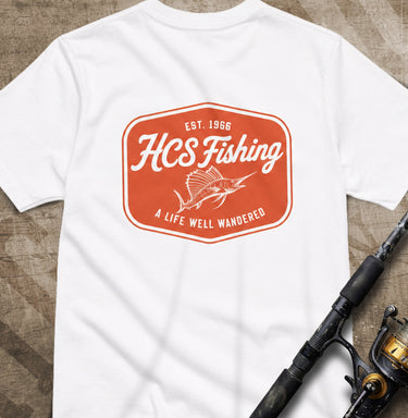 White HCS Fishing Decal sailfish graphic T-shirt by High Country Standard