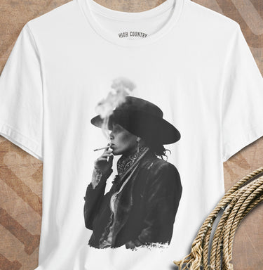 White Lefty smoking cowgirl portrait T-shirt by High Country Standard