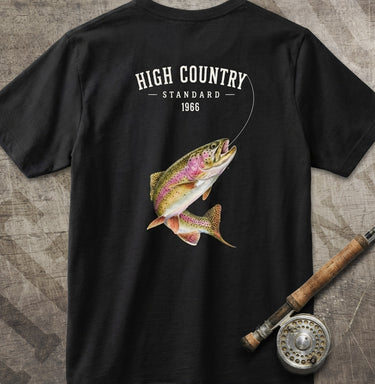 Black On Line rainbow trout fishing graphic T-shirt by High Country Standard