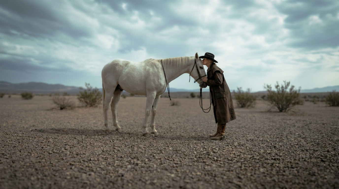 High Country Standard Outfitters Club cowboy and white horse
